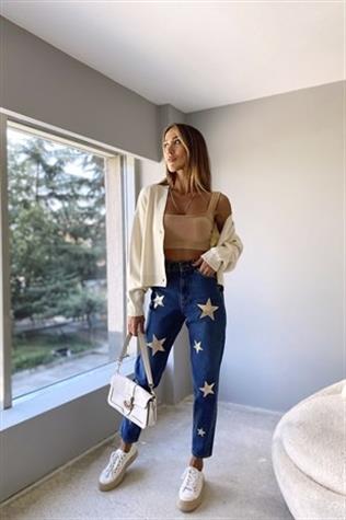 Tasarım Yıldız Baskılı Mom Jean (Lacivert)
