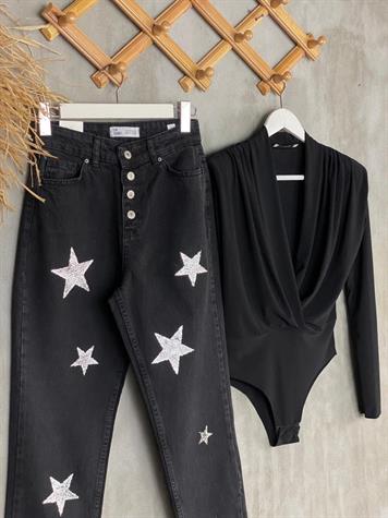 Tasarım Yıldız Baskılı Mom Jean (Siyah)