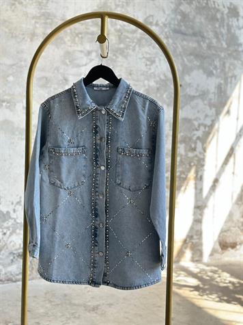 Tasarım Zımba Taş Ve Kristal Taş İşçilikli Denim Ceket (Buz Mavisi)