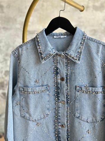 Tasarım Zımba Taş Ve Kristal Taş İşçilikli Denim Ceket (Buz Mavisi)