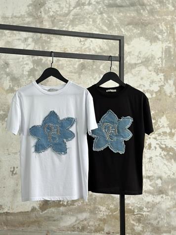 Tasrım Model Denim Çiçek Desenli T-Shirt (Beyaz)