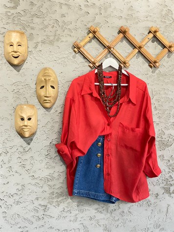 Tek Cep Detaylı Oversize Fabia Gömlek (Kırmızı)
