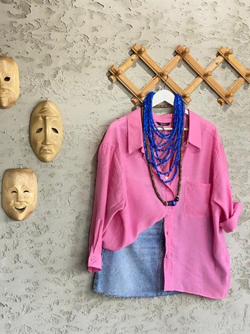 Düşük Omuzlu Oversize Gömlek (Pembe)