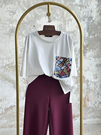 Tek Cep Renkli Payet Detaylı Oversize Tişört (Bordo)