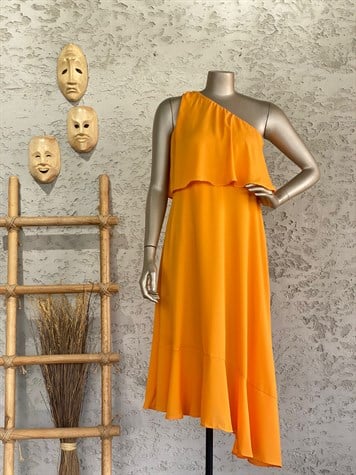 Tek Omuz Astarlı Şifon Elbise (Oranj)