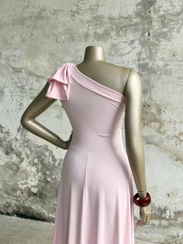 Tek Omuz Fiyonk Detaylı Elbise (Pudra)