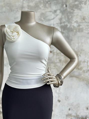 Tek Omuz Güllü Kadın Bluz (Beyaz)