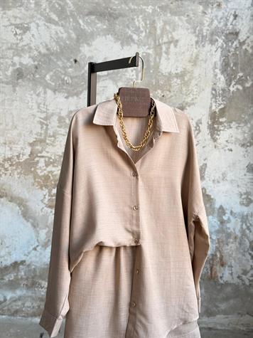 Tensel Kumaş Gömlekli Şortlu Takım (Bej)