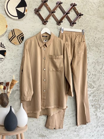 Tensel Püsküllü Gömlek Ve Pantolon (Camel)