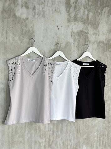 Tığ İşçilikli Lüks Kaliteli Tişört (Siyah/Beyaz/Gri)