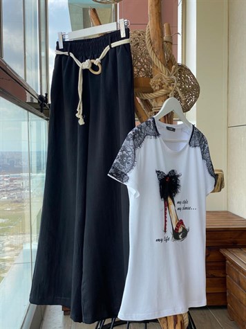 Topuklu Ayakkabı Baskılı Dantel Detaylı Tshirt (BEYAZ)