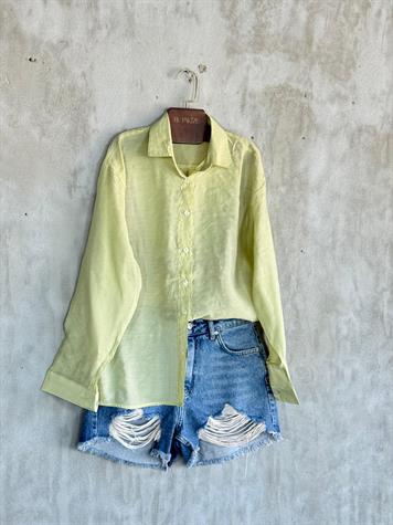Transparan Keten Kumaş Oversize Gömlek (Haki)