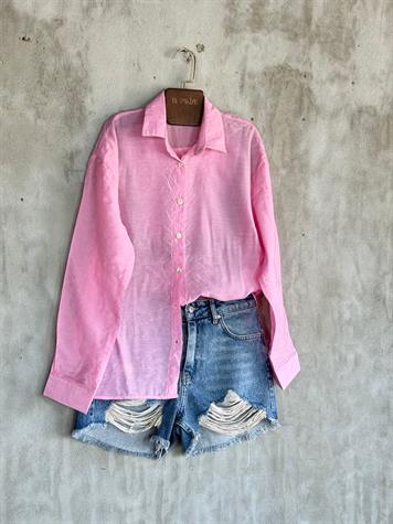 Transparan Keten Kumaş Oversize Gömlek (Pembe)