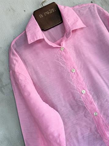 Transparan Keten Kumaş Oversize Gömlek (Pembe)