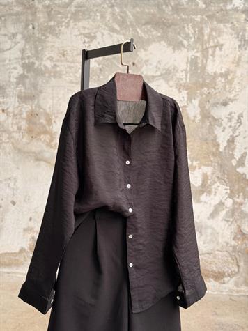 Transparan Keten Kumaş Oversize Gömlek (Siyah)