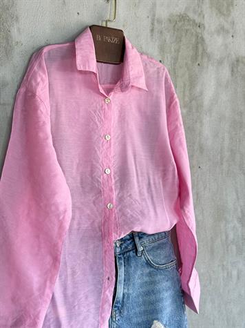 Transparan Keten Kumaş Oversize Gömlek (Pembe)