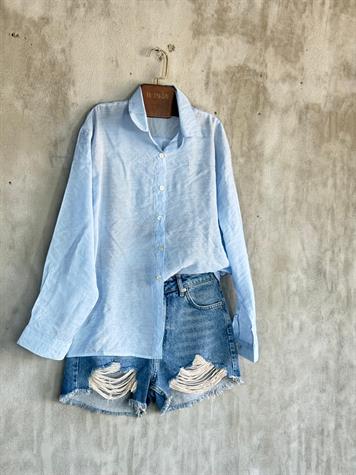 Transparan Keten Kumaş Oversize Gömlek (Bebe Mavisi)
