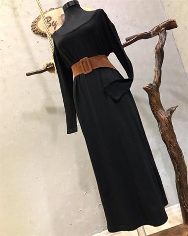 Triko Kumaş Oversize Kesim Elbise (SİYAH)