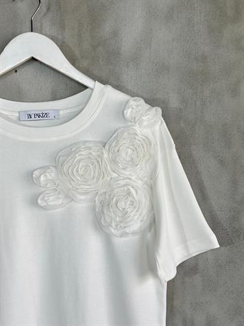 Tül Kumaş Çiçek İşçilikli Tişört (Pembe/Beyaz)