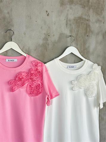 Tül Kumaş Çiçek İşçilikli Tişört (Pembe/Beyaz)