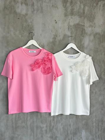Tül Kumaş Çiçek İşçilikli Tişört (Pembe/Beyaz)