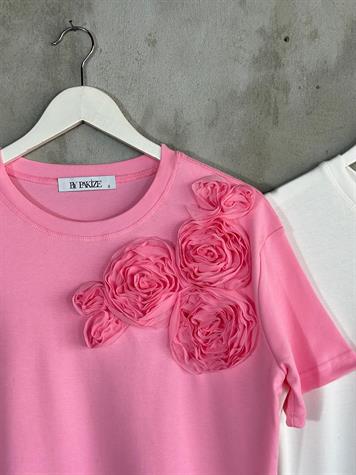 Tül Kumaş Çiçek İşçilikli Tişört (Pembe/Beyaz)