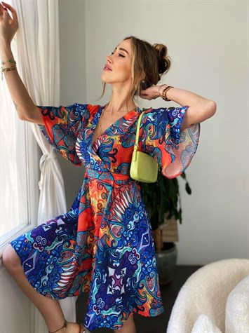 Turuncu Mavi Çapraz Yaka Detaylı Kelebek Kol Mixed Elbise