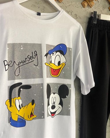 Üç Kafadar Simli Tshirt (Beyaz/Siyah)