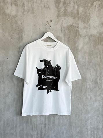 Üç Kedi Baskılı Oversize Dokuma Tişört (Beyaz)