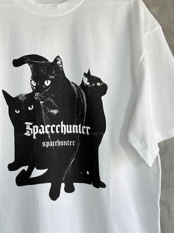 Üç Kedi Baskılı Oversize Dokuma Tişört (Beyaz)