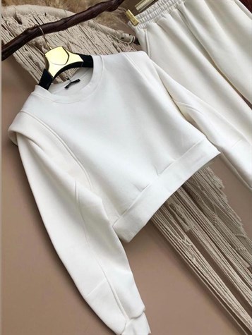 Üçiplik Kumaş Omuz Detaylı Sweat (BEYAZ)