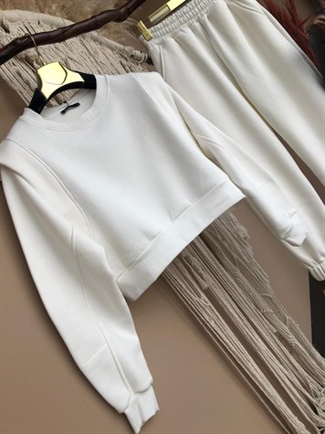Üçiplik Kumaş Omuz Detaylı Sweat (BEYAZ)