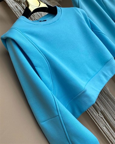 Üçiplik Kumaş Omuz Detaylı Sweat (MAVİ)