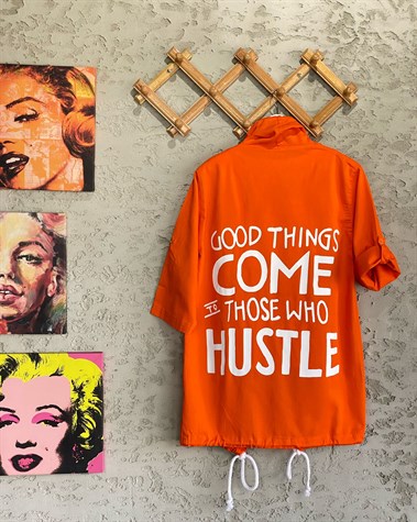 Slogan Baskılı Neşeli Keten Fermuarlı Ceket (Oranj)