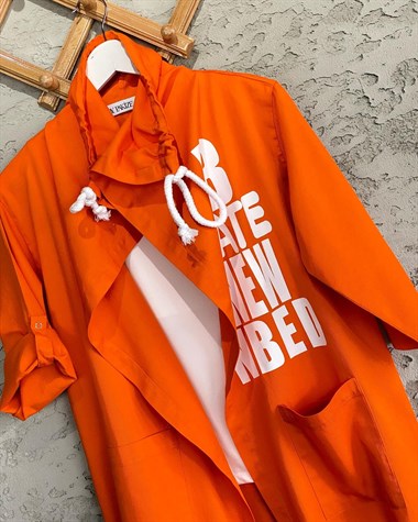 Slogan Baskılı Neşeli Keten Fermuarlı Ceket (Oranj)