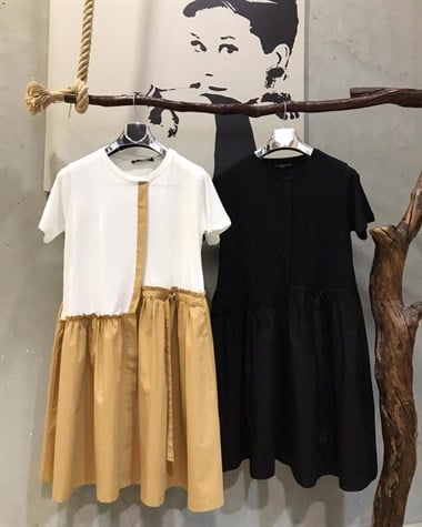 Üstü Penye Eteği Coton Kumaş Elbise (CAMEL & SİYAH)