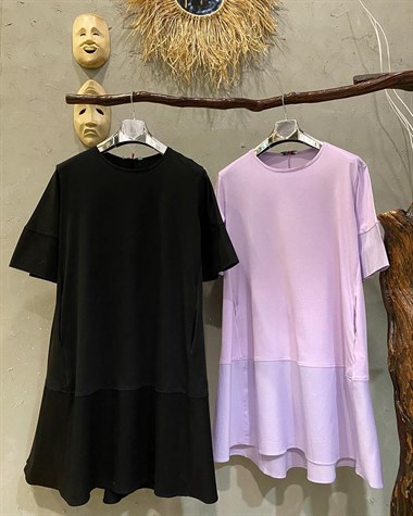 Üstü Penye Etek Uçları Poplin Kumaş Elbise (SİYAH & LİLA)