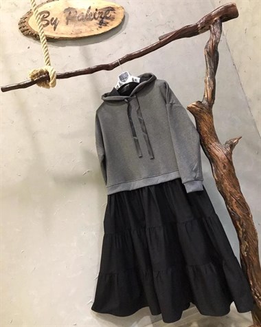 Üstü Sweat Altı Coton Kumaş Elbise(GRİ)
