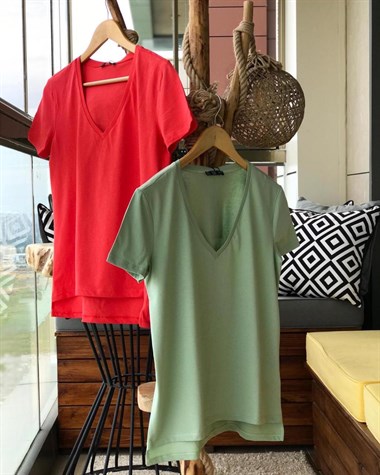 V Yaka Basic Penye Tshirt (KIRMIZI & MİNT )