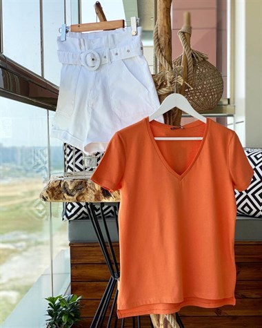 V Yaka Basic Penye Tshirt (ORANJ )
