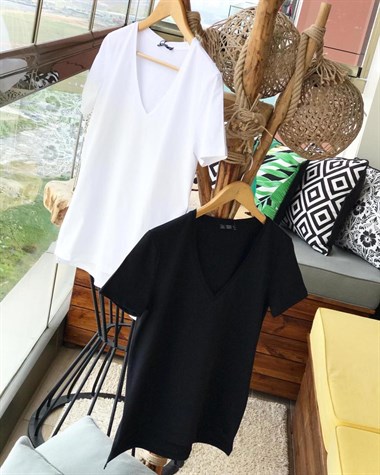 V Yaka Basic Penye Tshirt  (SİYAH & BEYAZ)