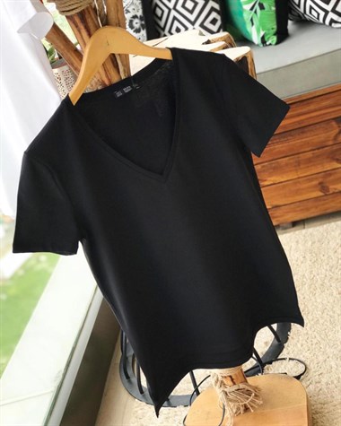 V Yaka Basic Penye Tshirt  (SİYAH & BEYAZ)