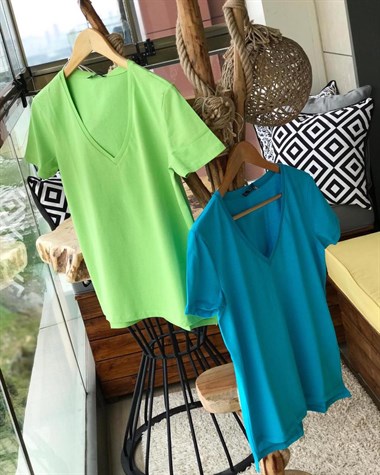 V Yaka Basic Penye Tshirt (YEŞİL & MAVİ)