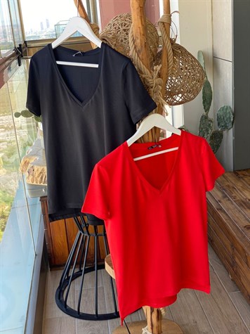 V Yaka Basic Tshirt (Siyah & Kırmızı)