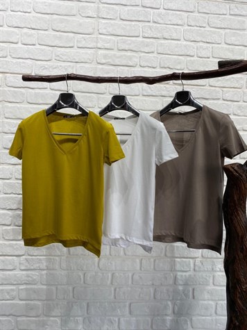 V Yaka Basic Tshirt (YAĞ YEŞİLİ &  BEYAZ & KOYU VİZON)