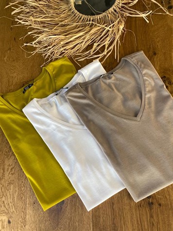V Yaka Basic Tshirt (YAĞ YEŞİLİ &  BEYAZ & KOYU VİZON)