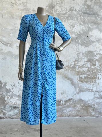 V Yaka Benek Desenli Elbise (Mavi)