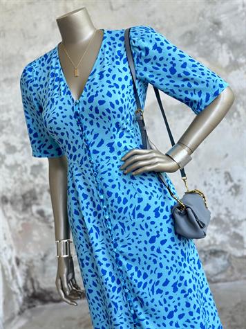 V Yaka Benek Desenli Elbise (Mavi)