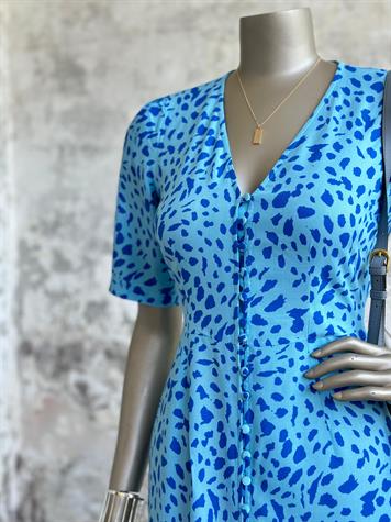 V Yaka Benek Desenli Elbise (Mavi)