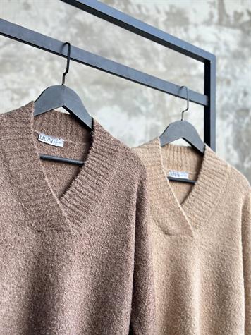 V Yaka Buklet Triko Kazak (Bej/Vizon)